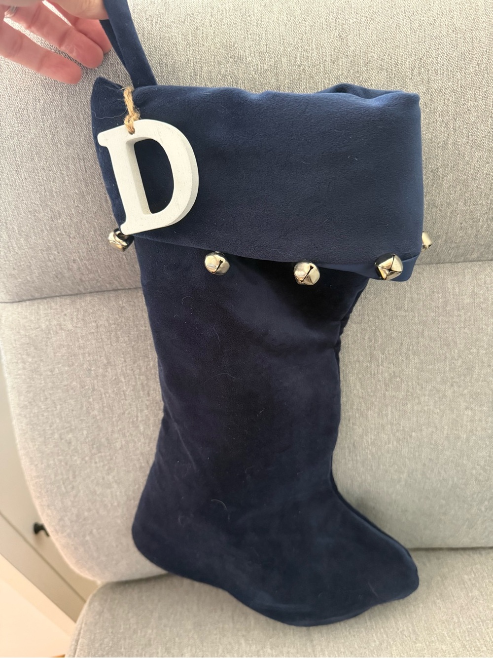 Holiday Time Navy velvet-Style Stocking with Bells and White Initial Tag
